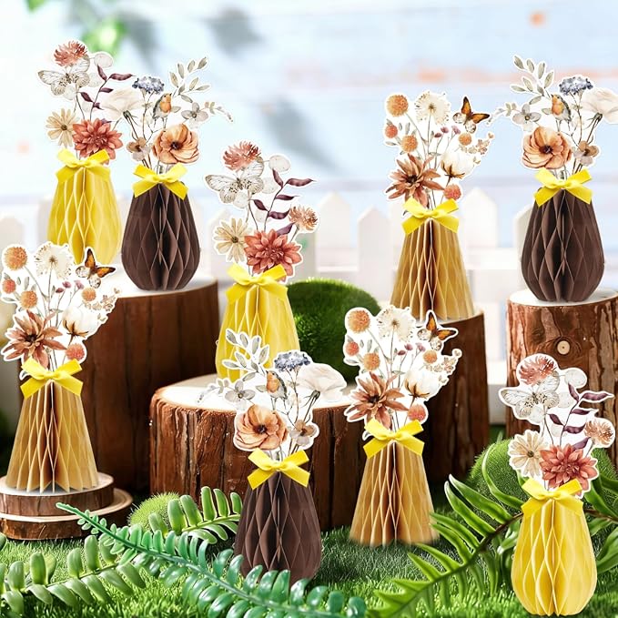 SUNBEAUTY Boho Flower Table Decoration 9Pcs Brown Floral Honeycomb Centerpieces Natural Party Decorations Paper Flower Table Decor for Home Rustic Wedding Baby Shower Neutral Birthday Party Supplies
