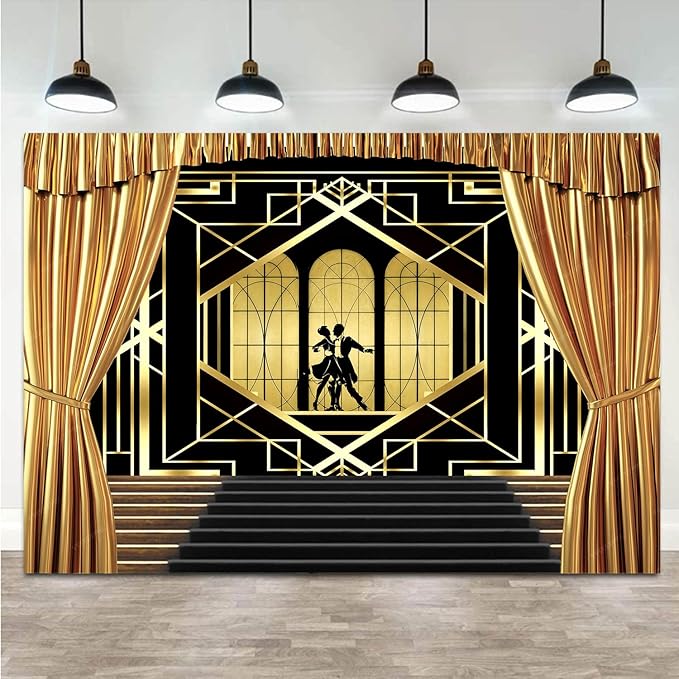 10x8ft Roaring 20s Backdrop for Photography Great 1920s Retro Roaring Party Decor Photo Background Wedding Black and Gold Golden Banner Decoration Birthday Briadal Shower Photo Shoot Booth Supplies