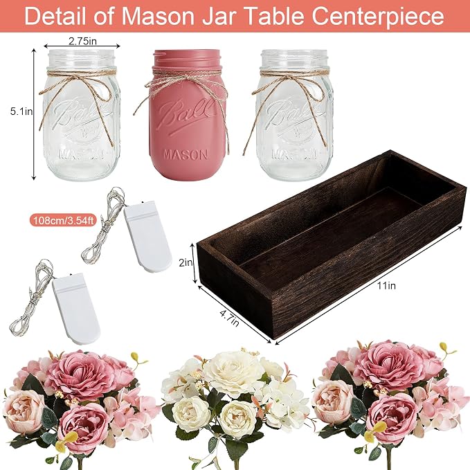 Mason Jar Centerpiece Pink White Kitchen Table Decor with Lights | 3 Piece Farmhouse Coffee Table Decor with Fake Flowers Wood Tray for Living Dining Room Bathroom Wedding Outdoor Decoration