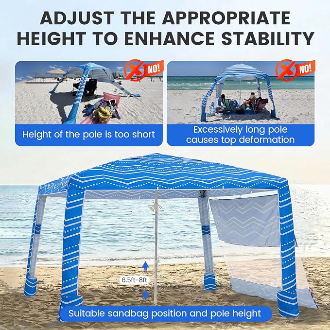 Zeraty Beach Cabana 8'×8', Portable Beach Canopy with Side Wall, UPF 50+ Silver-Coated B Each Tent Sun Shelter Easy Pop Up, Wind Resistant Adjustable Height B Each Umbrella Tent for Family, Boho Blue