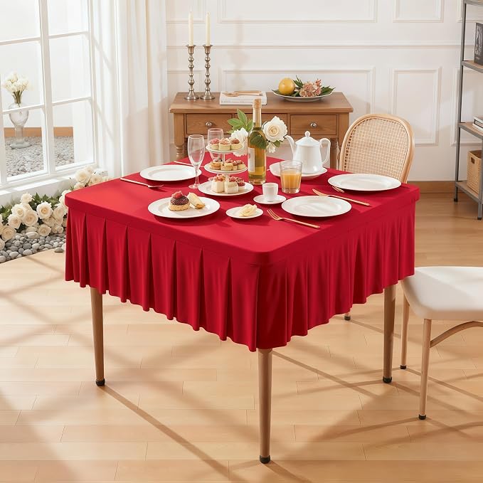 Wish Care Red Spandex Tablecloths for 34x34 Inch Square Tables, Stretch Fitted Table Clothes with Pleated Ruffle Skirt for 34” Table, Wrinkle Free and Elastic, for Party Kitchen Home Dining