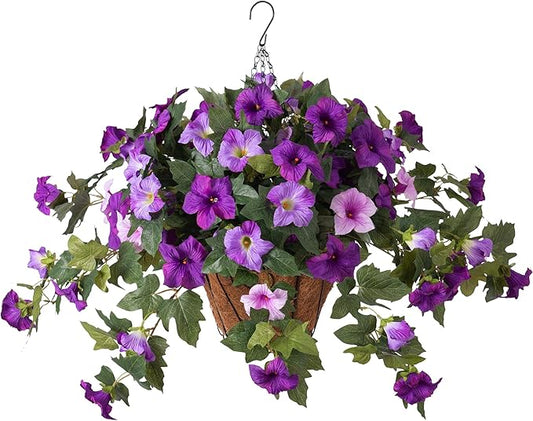 Artificial Petunia Flowers with Hanging Basket for Outdoors, 3 Pcs Fake Hanging Flowers UV Resistant Faux Silk Plants for Garden Porch Yard Patio Realistic Home Spring Decor(Double Purple)