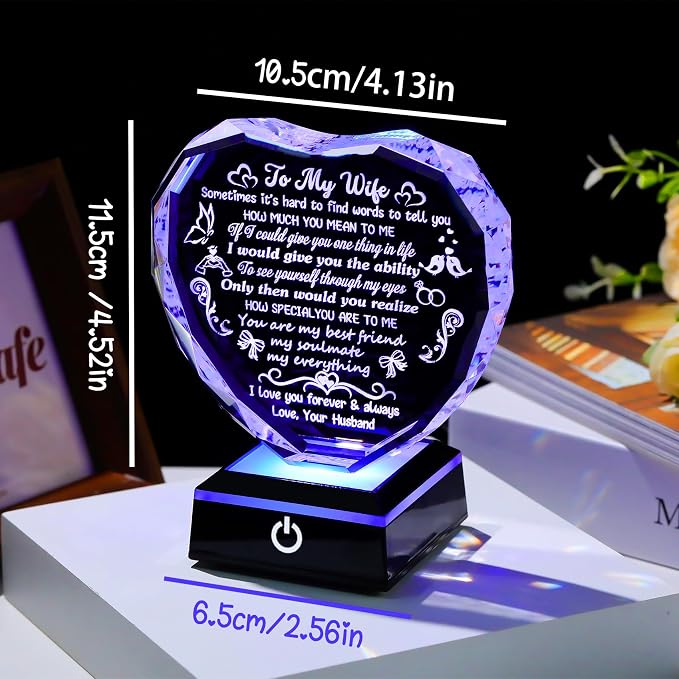 Arikyrist Romantic Gifts for Wife Heart Crystal Keepsakes to My Wife with LED Base Anniversary Birthday Gifts for Wife Her from Husband