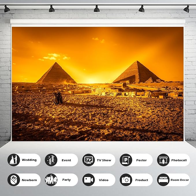 Egyptian Pyramids Backdrop Orange Sunrise Panorama of Giza Pyramids Photography Background Africa Historical Monuments Tourist Landscape Background Decorations Portrait Photo Decor Props 8x6ft