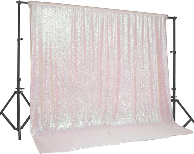 PartyDelight Iridescent White Sequin Backdrop 20x10ft 4 Inch Rod Pocket | Iridescent white 3mm sequins show pink and purple tones under light on mesh backing for photos arches stages and party walls