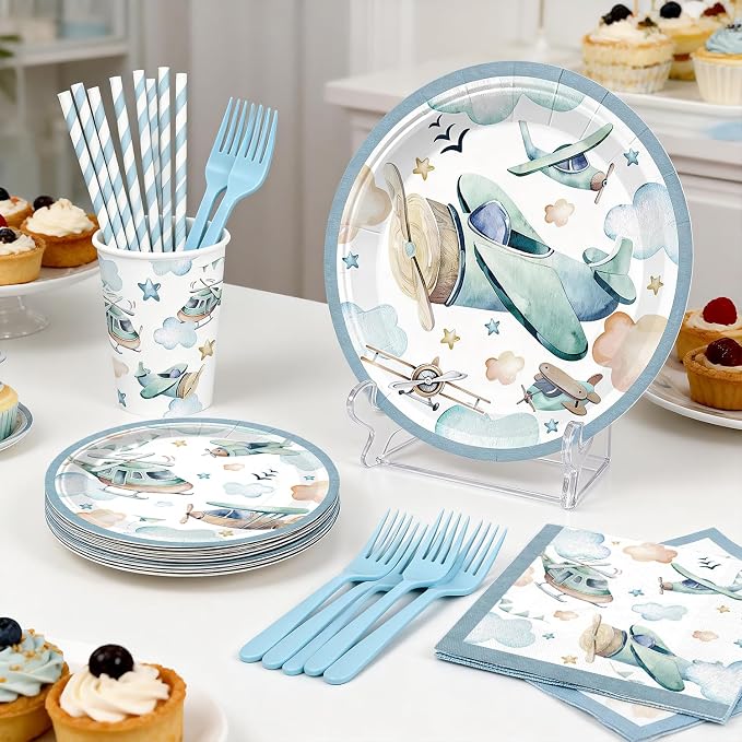 cocomigo Airplane Baby Shower Decorations for 25 Guests, 288PCS All-in-One Blue Baby Shower Decorations Boy Set with Banner, Balloon, Plates, Backdrop Cupcake Toppers & Centerpieces, Easy Setup