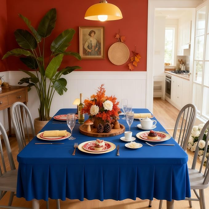 Wish Care Royal Blue Spandex Tablecloths for 34x34 Inch Square Tables, Stretch Fitted Table Clothes with Pleated Ruffle Skirt for 34” Table, Wrinkle Free and Elastic, for Party Kitchen Home Dining