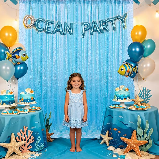Sugargirl Mermaid Blue Sequin Backdrop Curtain 4 Panels 2FTx8FT Glitter Mermaid Blue Background Drapes Sparkle Photography Backdrop for Party Wedding Birthday Wall Decoration