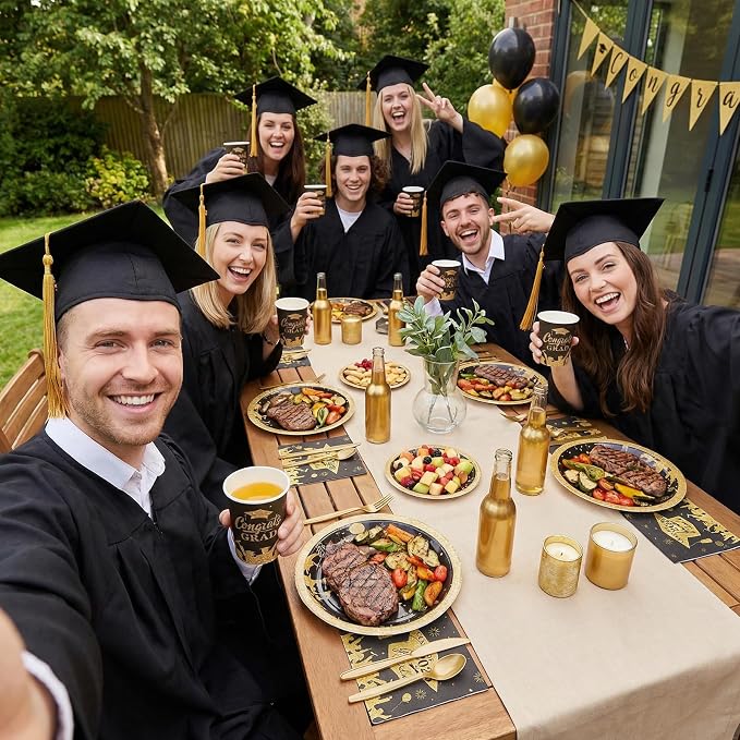 Goodluck Black & Gold 2026 Congrats Grad Disposable Tableware Sets, 350 PCS Graduation Party Supplies Include 9" & 7" Disposable Graduation Paper Plates, 9oz Cups, Napkins & Cutlery for 50 Guests