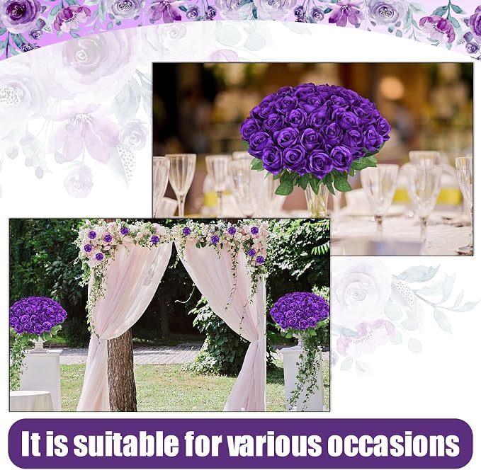 90pcs Fake Dark Purple Roses Artificial Flowers Bulk Realistic Silk Faux Rose with Stems for Wedding Decoration Anniversary Bridal Bouquet DIY Floral Arrangement Romantic Home Decor Gifts