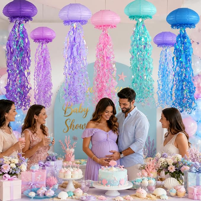 6-Pack Jellyfish Paper Lanterns, Blue Purple Pink Under The Sea Party Decorations, Mermaid Birthday Decorations, Ocean Themed Baby Shower, 10" Jellyfish Lamp for Classroom Decor Pool Party