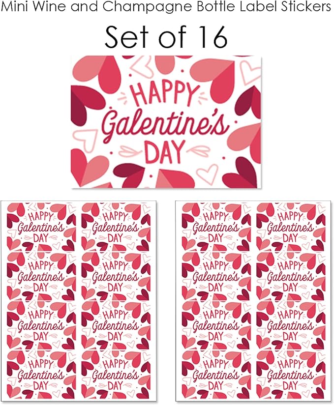 Big Dot of Happiness Happy Galentine’s Day - Mini Wine and Champagne Bottle Label Stickers - Valentine’s Day Party Favor Gift for Women and Men - Set of 16