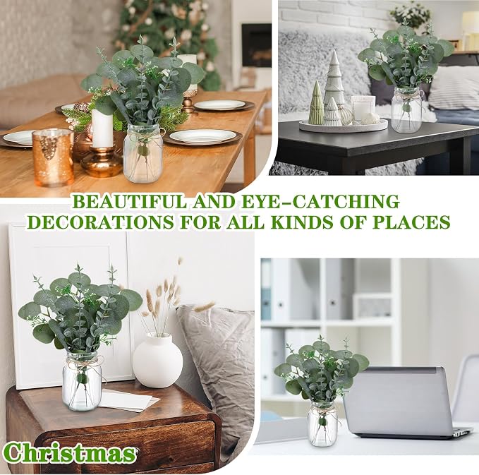 XunYee 10 Set Mason Jar Table Centerpiece with Flower Mason Jar Flower Centerpiece Vases Decor for Engagement Party Bridal Shower Wedding Reception Table Decor(Light Green,Eucalyptus)