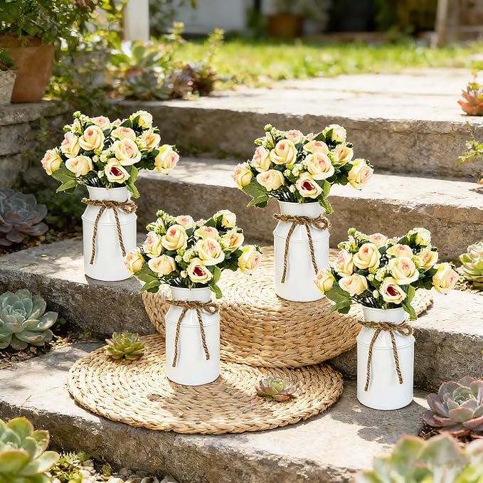 4 Sets Farmhouse Wedding Flower Centerpiece for Tables Decorations, Rustic Artificial Roses Bouquet with Metal Galvanized Vase Pot for Party Bridal Shower Event (White Vase & Champagne Roses)