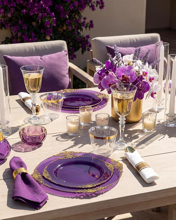 Nervure 350PCS Purple Plastic Plates - Disposable Purple Gold Party Plates & Pre Rolled Napkins with Cutlery for 50 Guests, 100Plates, 150 Silverware, 50 Cups, 50 Napkin for Wedding & Party & Bridal