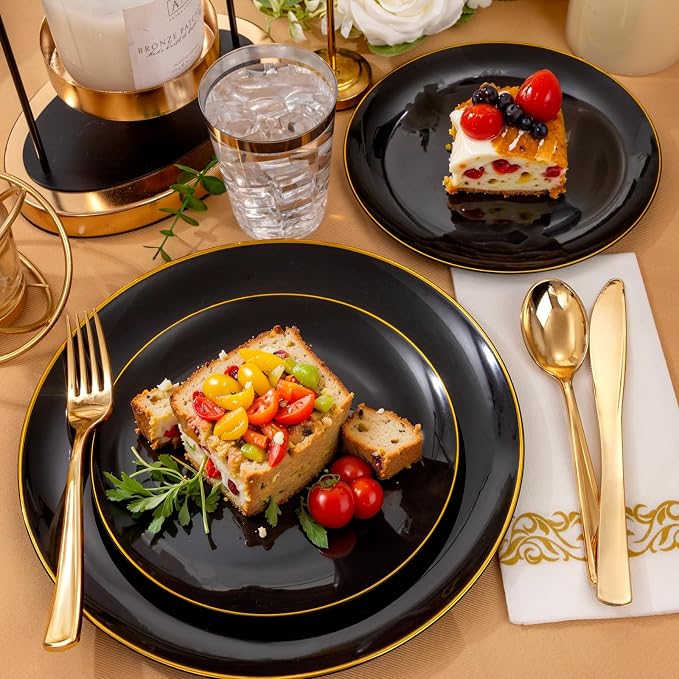 Supernal 350PCS Black and Gold Plastic Dinnerware Set (Serves 50 Guests) - Elegant Black Plates with Gold Rimmed Edges, Disposable Gold Silverware, Cups, Napkins for Party, Wedding,Celebration