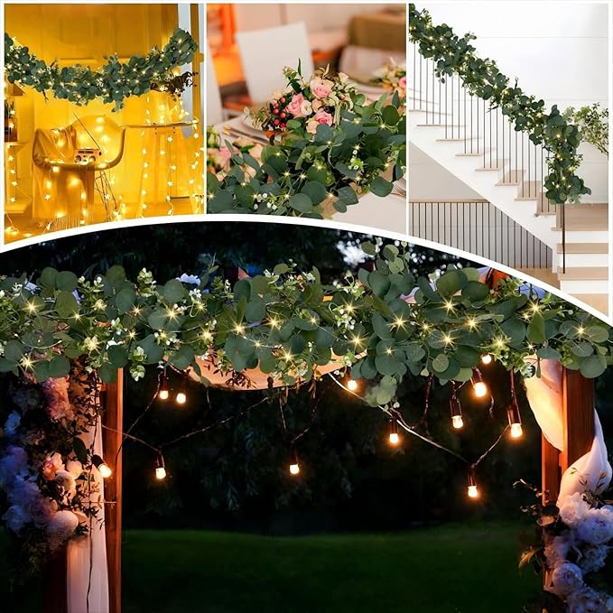 Eucalyptus Garland with Lights, 2 Packs 6FT Artificial Lighted Garland, Spring Summer Green Faux Garlands for Indoor Outdoor Home Decor Table Runner Wedding Arches Centerpieces Backdrops Decor