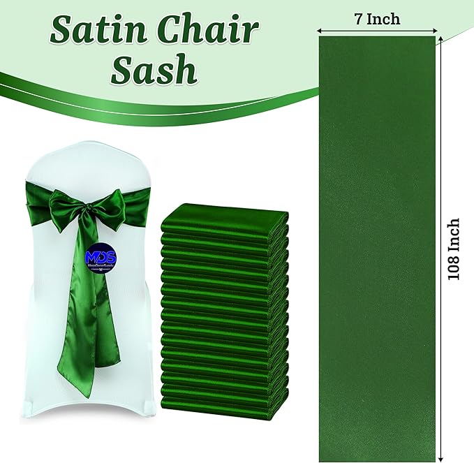 MDS Satin Chair Sashes, 125 Pack, 7”x108” Each, Decorative Chair Bows Ribbon Tie Backs for Wedding Party, Holiday Dinner, Birthday, Reception, Banquet, Hotel & Event Decoration - Green