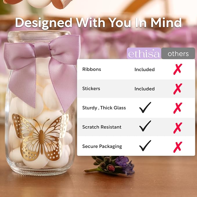 Ethisa Vintage 12 Pack Butterfly Party Favor Glass Bottles with Ribbons and Stickers - Classy Baby Shower and Birthday Favors for Guests and Table Centerpieces Decorations - Purple Theme Candy Jar