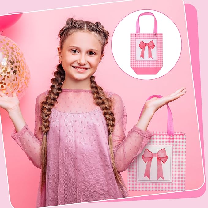 Sweetude 40 Pcs Pink Bow Gift Party Favor Bags with Handle, Non Woven Goodie Bags Birthday Favor for Birthday Baby Shower Packaging Supplies