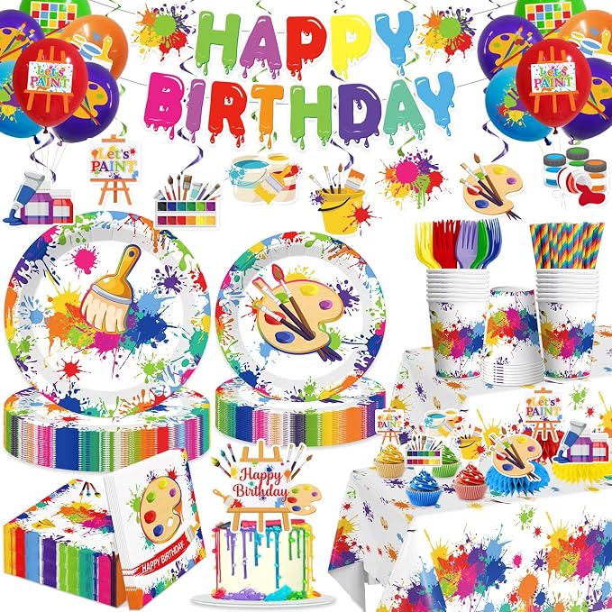 354pcs Paint Party Decorations for Kids and Art Lovers, Convenient Disposable Paper Tableware Set Includes 350gsm Plates and 2 PE Plastic Tablecloths for Paint Party and Celebration