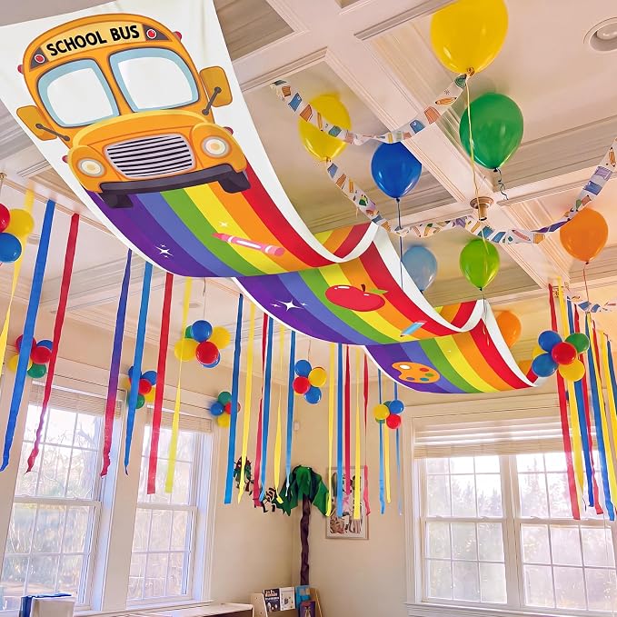 Feifeiya 3 Pcs 36 ft Rainbow Back to School Hanging Ceiling Decor Rainbow Cloud and Bus Ceiling Banner Hanging Bunting for Back to School VBS Birthday Party