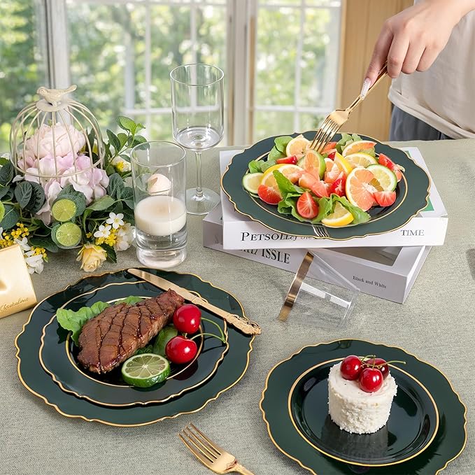 Liacere 175PCS Green Plastic Plates - Emerald Green Disposable With Gold Rim - 25Guest Baroque Plastic Dinnerware include 50Plates-25Pcs Pre Rolled Napkins with Silverware 25Cups for Party & Wedding