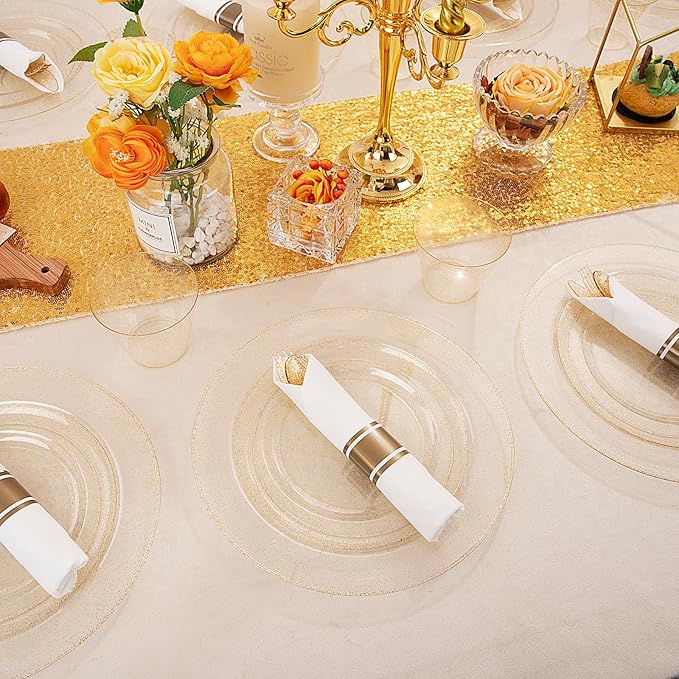 DaYammi 112Pcs Gold Glitter Plastic Plates,Gold Disposable Dinnerware - Gold Plastic Plates Includes 16 Dessert Plate,16 Dinner Plate,16 Per Rolled Napkins with Cutlery and Cups for Party Wedding