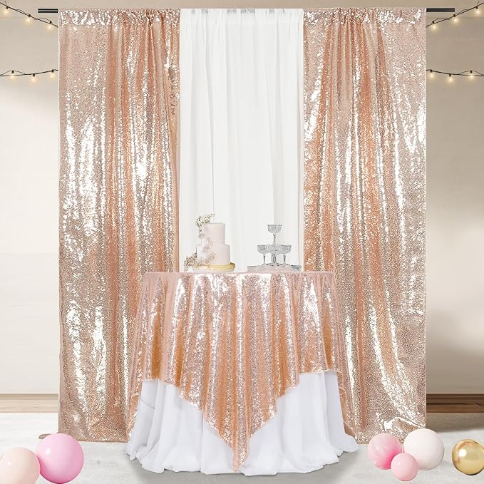 Poise3EHome Rose Gold Sequin Tablecloth 90×90 Inch Square Sequin Fabric Table Cover Overlay for Baby Shower Birthday Party Wedding Holiday Cake Table Decoration