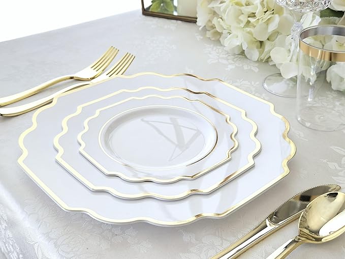 OCCASIONS 80 Gold Plastic Plates for 40 Guests, Heavyweight Disposable Dinnerware Set, 10.5" Dinner + 8" Dessert, Elegant Party Tableware for Wedding Baby Shower (Imperial White & Gold)