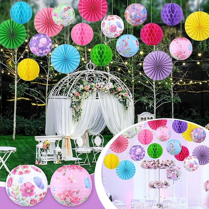 Retisee 18 Pcs Spring Tea Party Decoration Butterfly Floral Hanging Paper Lantern Pastel Honeycomb Fans Honeycomb Ball for Garden Spring Teacups Pink Purple Party Ceiling Decor Supplies