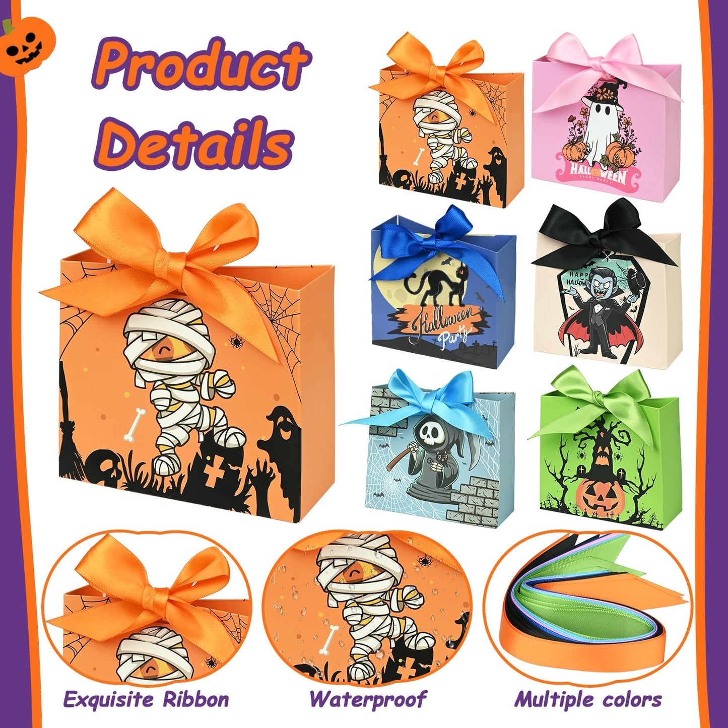 24PCS Halloween Goodies Bags, Trick or Treat Candy Gift Paper Bags Bulk with Ribbons, Halloween Treat Boxes for Kid, Party Favor, Classroom Exchange, Home Decoration 4.5 x 3.9 x 1.7 Inches