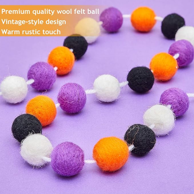 WILLBOND 3 Pieces Wool Felt Rainbow Ball Garland Colorful Pom Pom 6.5 ft Long 24 Ball Garland for Easter Mardi Gras Classroom Halloween Thanksgiving Xmas (Purple,Orange,Black,White)