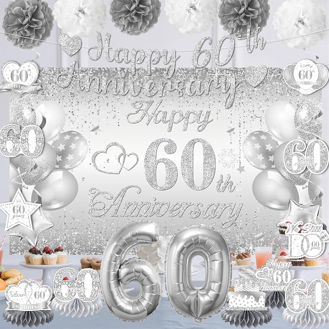 Silver 60th Wedding Anniversary Decorations Banner, 60th Anniversary Table Centerpieces Hanging Swirls Tissue Pompoms Foil Balloon for 60 Years Silver Wedding Party Decoration Supplies
