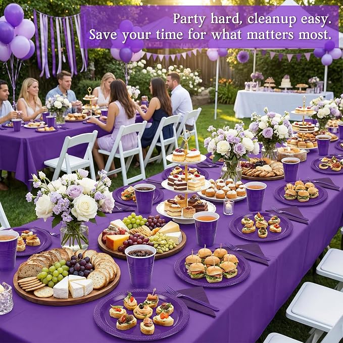 352 Pcs Purple Plastic Plates Party Set, 50 Guests Disposable Dinnerware Set with Deep Purple Tablecloths, Royal Deep Purple Plastic Plates Party Set for Wedding/Luxury Banquet/Anniversary/Gala