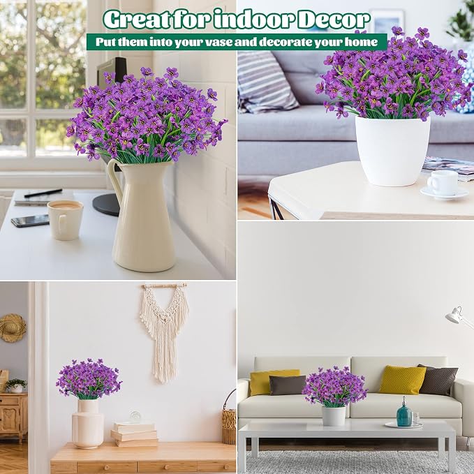 Lnoicy 24 Pcs Artificial Flowers for Outdoor,Plastic Flowers Decoration, UV Resistant Faux Flowers Shrubs, Artificial Plants for Indoor Outside Garden Home Wedding Farmhouse（Purple