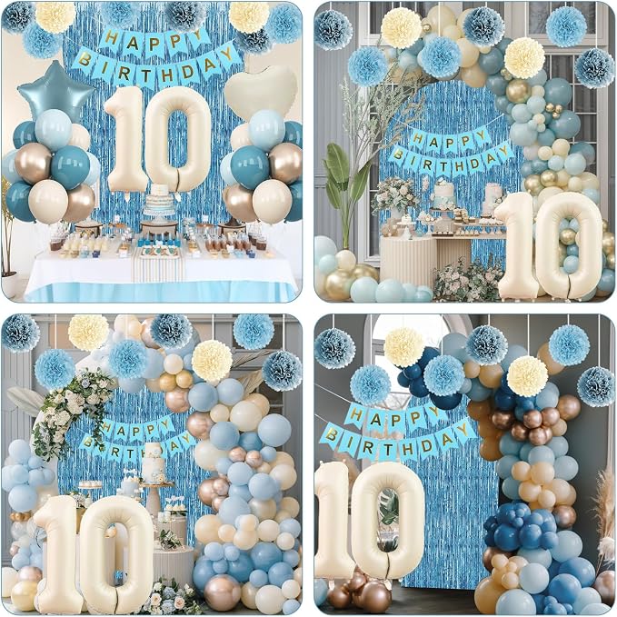 Dusty Blue 10th Birthday Party Decorations Boys Girls Beige Cream Number 10 Balloon with Blue Gold Happy Birthday Banner Fringe Curtain Paper Pom Poms Nude White Sand Champagne Star Foil Balloons