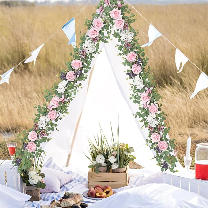 2Pcs 5.9 Ft Artificial Rose Vine Fake Flower Garland Pink Rose Hydrangea Vines with 3D Butterflies Hanging Floral Eucalyptus Garland for Wedding Party Background Arch Table Wall Home Decor