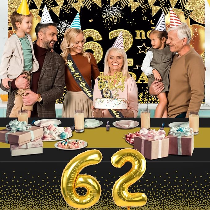 62nd Birthday Decorations Men Women with 62nd Birthday Banner, Black and Gold Table Cloth, Number Balloons, Large Sash, Cake Topper and Candles