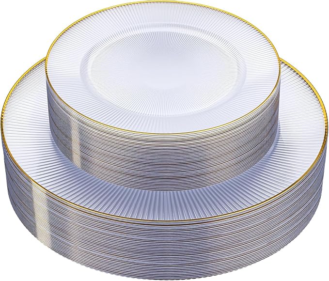 Hioasis 60pcs Clear and Gold Plastic Plates - Clear Disposable Dinnerware Set, 30pcs Dinner 10in & 30pcs Dessert 7in Plates with Striped Designs for Party & Wedding