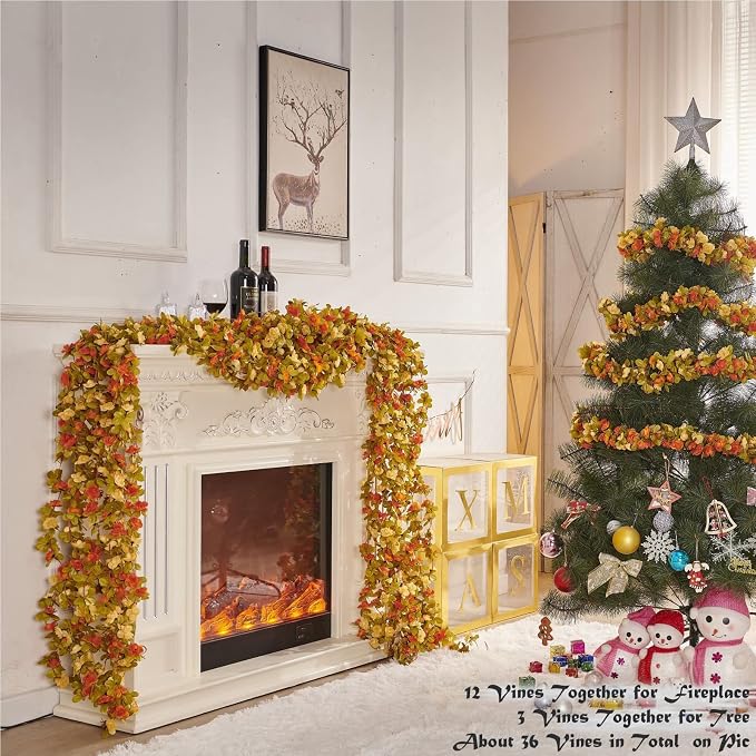 PONKING 8 Pcs x 8.2 ft Flower Garland Artificial Rose Vine Flowers with Green Leaves Hanging Fake Roses Vine for Room Party Home Wedding Birthday Christmas Wall Arch Decor, Fall Champagne Flower