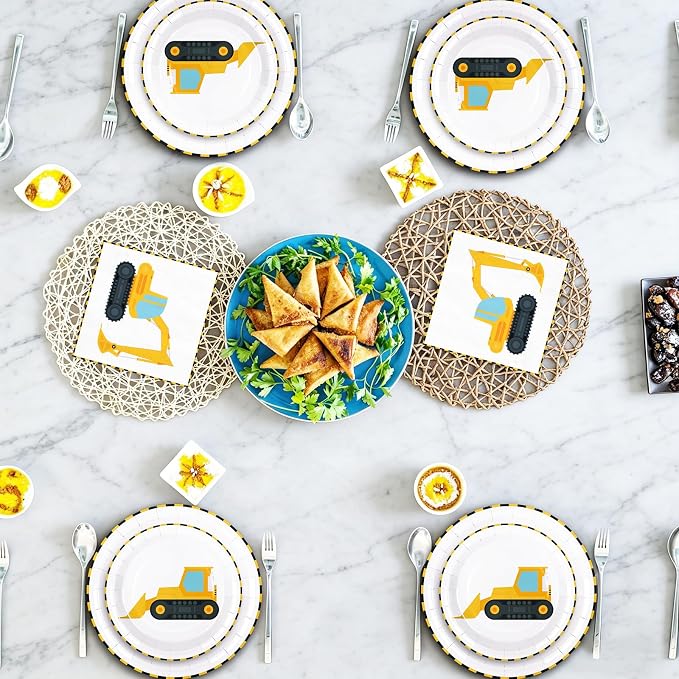 Whaline 192 Pcs Construction Party Tableware Dump Truck Paper Plate Napkin Cup Yellow Black Disposable Dinnerware Set for 48 Guests Birthday Party Table Decor