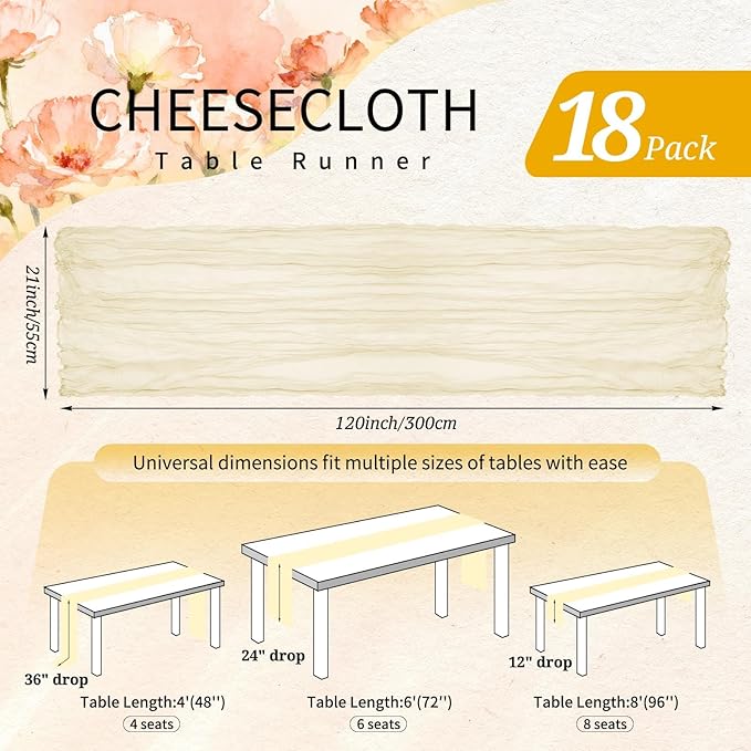 18 Pack Cheesecloth Table Runner 10FT Beige Table Runner Boho Gauze Cheese Cloth Table Runners Long Rustic Sheer Table Decorations for Wedding Party Baby Bridal Shower Birthday Holiday Home
