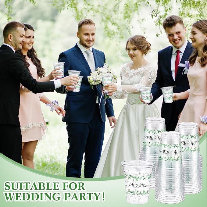 Funnymoom 60 Pack Mr and Mrs Wedding Cups 12 oz Sage Green Eucalyptus Disposable Clear Plastic Drinking Cups for Wedding Bridal Shower Engagement Boho Greenery Party Decorations Supplies