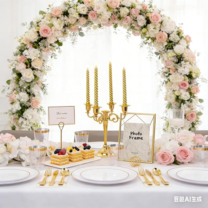 Supernal 350Pcs Elegant White and Gold Plastic Dinnerware Set for Wedding | Heavy duty disposable plates with gold plastic silverware, cups, and napkins. Premium tableware pack serves 50 guests.