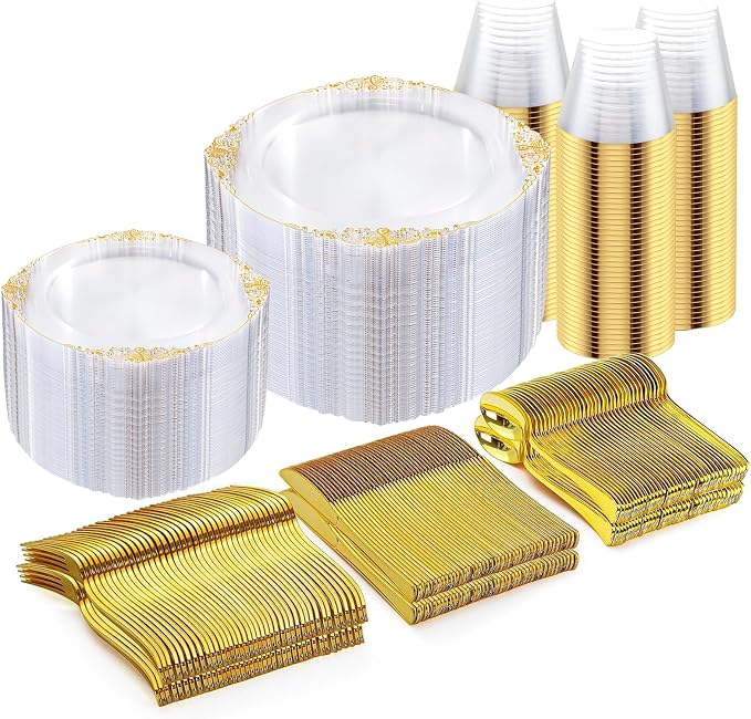 Nervure 600PCS Gold Plastic Dinnerware - Clear and Gold Disposable Plates for 100 Guests - 200 Disposable Plates, 300 Plastic Silverware, 100 Cups for Wedding & Party