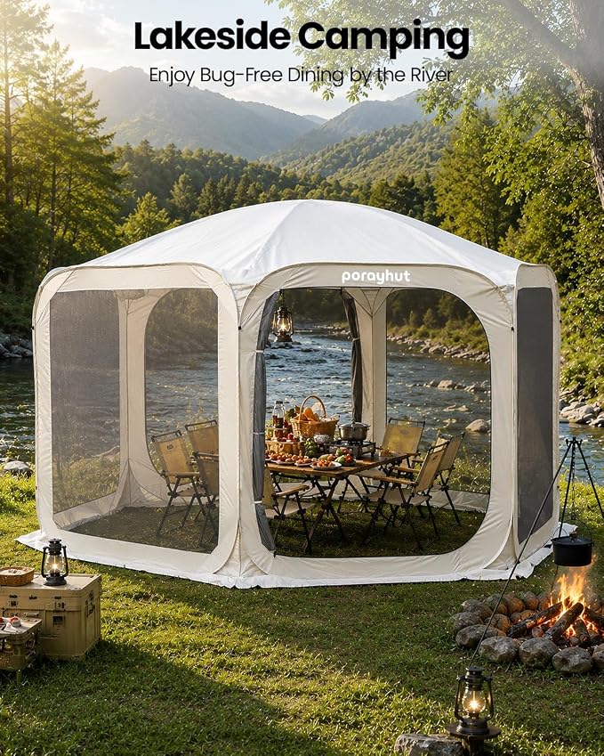 Porayhut Pop up Screen House Tent 12x12FT Sun Shelter with Breathable Mesh Doors,Portable Camping Tent Without Waterproof Floor,Screen Canopy Outdoor for Family Friends Party in Backyard,Park