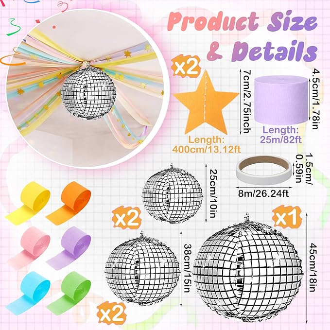 Spakon 14 Pcs Pastel Birthday Party Decoration Kit 492ft Colorful Crepe Paper Streamers Garland 5 Silver Disco Ball Balloons 26.24ft Gold Star Garland Backdrop 1 Tape for Classroom Fancy Party Decor