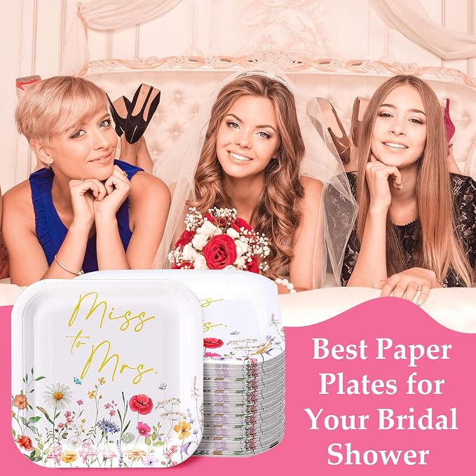 Umigy 100 Pcs Paper Plates Flower Dinner 9'' Floral Disposable Paper Plates 7'' Square Dessert Set for Dinner Birthday Wedding Baby Shower Party Tableware(Pink and Gold,Miss to Mrs)