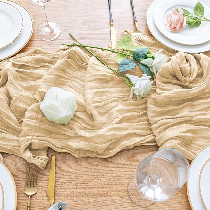 Wokceer Cheesecloth Table Runner 6Pack 10FT Sand Christmas Gauze Cheese Cloth Table Runner for Party Long Rustic Sheer Table Runners for Baby Bridal Shower Wedding Easter Table Decor